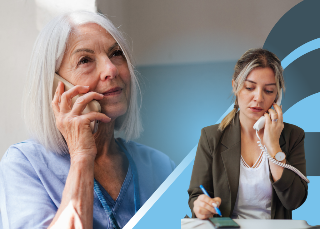 Left side of the graphic: caregiver on the phone. Right side of the graphic: caregiver retention specialist on the phone