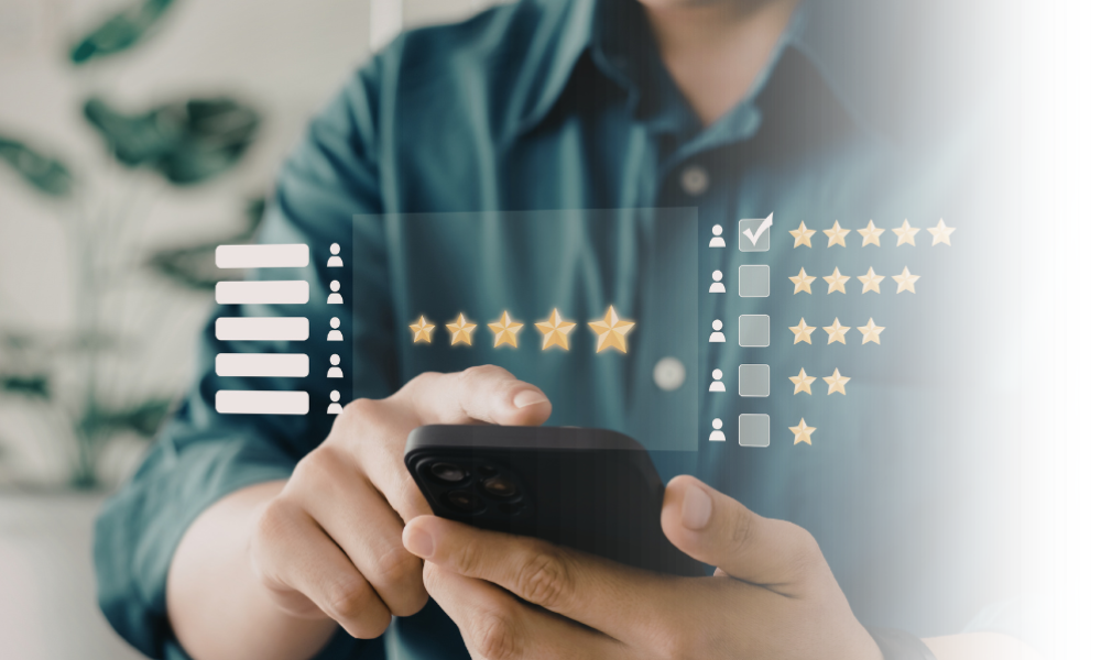 Close-up of a person using their phone with graphics of ratings overlaid on top of the image